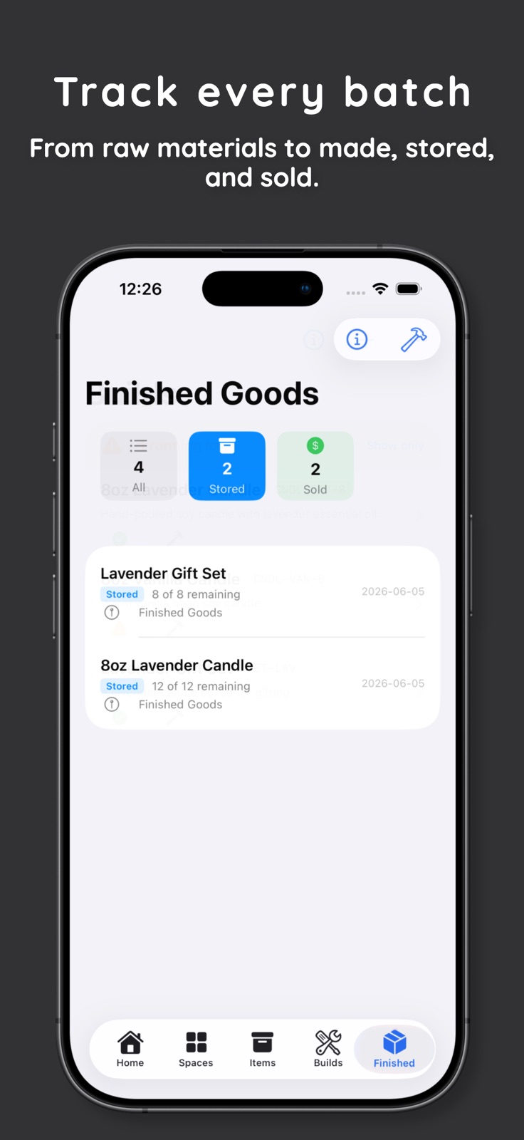 StockSpace Finished Goods screen showing stored and sold inventory